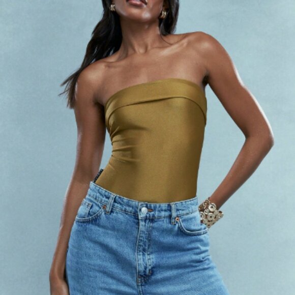 METALLIC LOOK FLAP DETAIL BANDEAU BODYSUIT - Picture 2 of 2